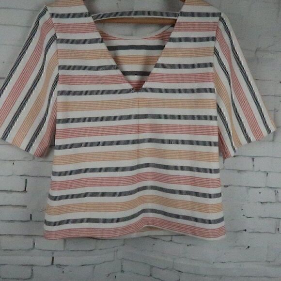 POMAGE CLOTHING WHITE WITH BLACK & ORANGE STRIPES 1/2 SLEEVE ROUND NECK TOP - Picture 8 of 8